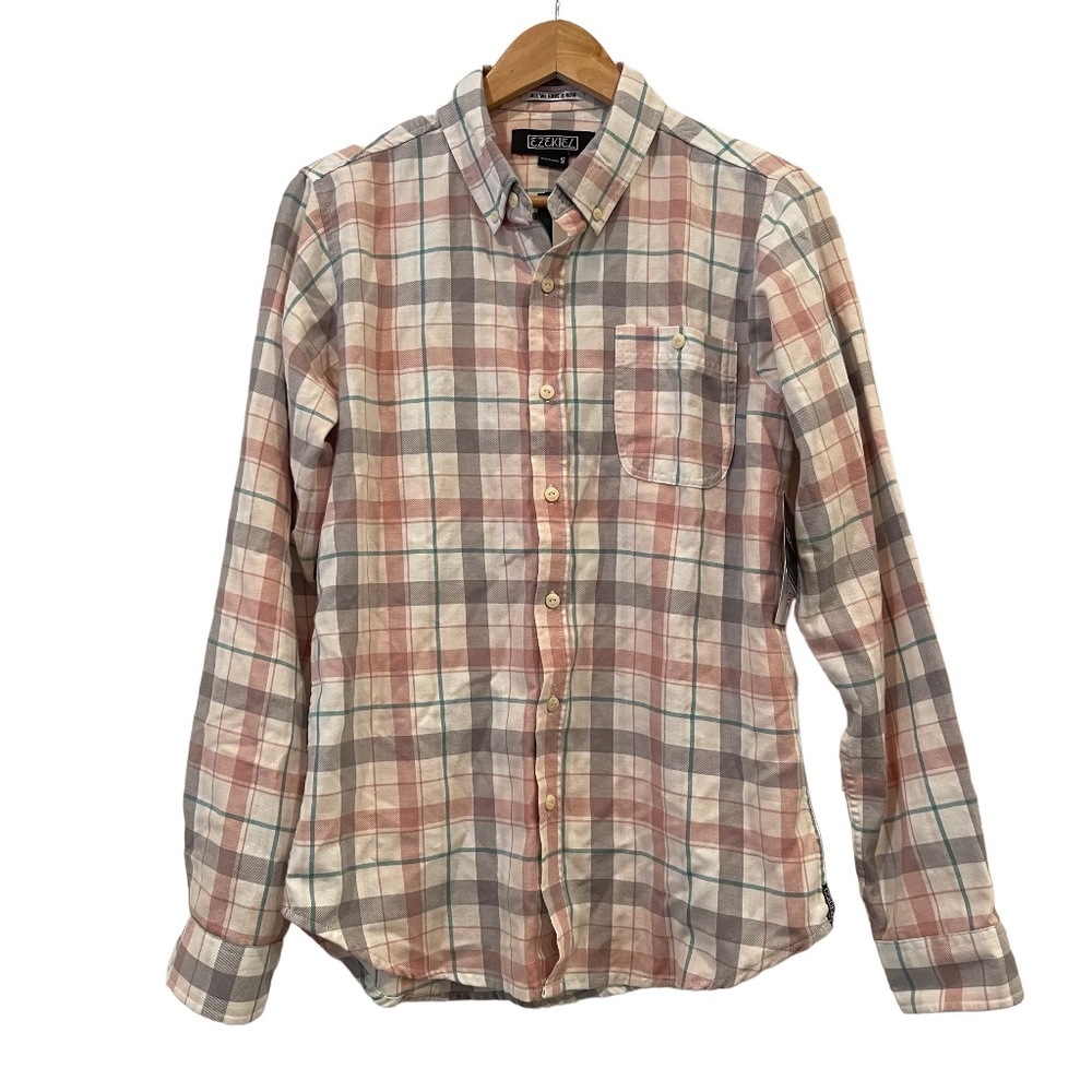 Ezekiel Men's Plaid Button Down Shirt Long Sleeve White Gray Pink, Size Small